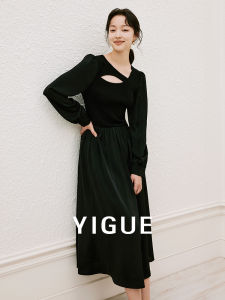 Yigue | Elegant French Spring New Bubble Sleeve Mid-long Black Waist-tightening Dress