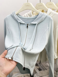 Spring 2024 Womens Hooded Zipper Short Sleeveless T-Shirt Base Layer Shirt Inner Wear Trendy Commute Pure Cotton Long Sleeve