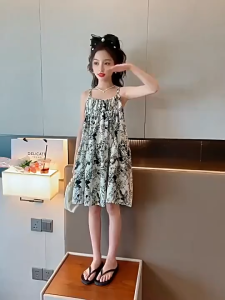 ชุดเดรสเด็กผู้หญิง เดรสสลิปเดรสลายพิมพ์หมึกสไตล์ฤดูร้อนแบบใหม่