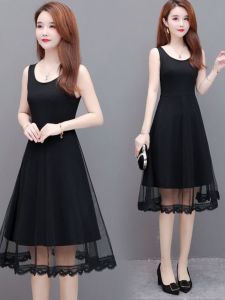 ชุดเดรสยาวแขนกุดผ้าตาข่ายฤดูร้อนปี 2025 สำหรับผู้หญิง ทรงเอ แขนกุด กระโปรงทรงเอ ชุดเดรสยาวปานกลาง ทรงเข้ารูป ทรงเข้ารูป