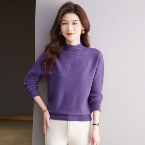 Red Knitted Woolen Sweater Womens Loose Half High Collar Autumn Winter New Style Fashionable Moms Top Warm Thermal Base Shirt