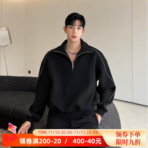 เสื้อสเวตเตอร์คอตั้งแบบเย็บติดกันสีตัดกันกันรอยยับมีซิปครึ่งท่อนสำหรับฤดูใบไม้ร่วงเสื้อโค้ททรงโอเวอร์ไซส์ดูแพงสำหรับผู้ชาย