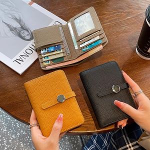 Womens Short Wallet Horizontal Shape Top Layer Cowhide Thin Multi-Card Slot Money Clip Two-In-One Card Holder Fashionable