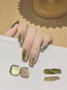 Green Wild Fairy Autumn Winter New High-End White Crystal Cat Eye Flash Diamond Nail Art Detachable Handmade Wearable Nails