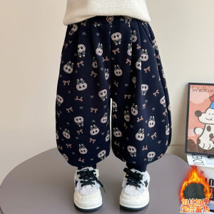 Thickened Fleece Lined Casual Sports Pants for Girls Baby Girls Loose Fit Cartoon Print Autumn Winter Cotton Blend Trousers
