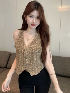 GUZILIAN | Áo len dệt kim cổ chữ V không tay kiểu Pháp thanh lịch cho nữ mùa hè cao cấp Áo khoác ngoài thời trang cổ chữ V không tay