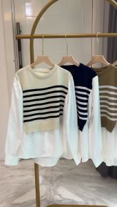 ●ECLAIRE● 043 Blouse Oversize Rajut Knit Motif Salur Kombinasi Cotton silky Longsleeves Lengan Panjang Kasual Korea Geirin Import Premium