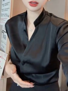 UYFY | Black V-neck Long Sleeve Casual Loose Womens Shirt Summer 2025 Fashion Slimming Comfortable Commuting Top