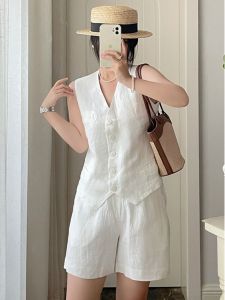 Thời Trang Sành Điệu Cotton Vải Bông Vải Lanh Bộ Nữ Phong Cách Pháp Cộc Tay Không Tay Trắng Vải Lanh Áo Ba Lỗ Thoải Mái Ống Rộng Quần Short Quần Đùi Bộ Đồ Hai Mảnh