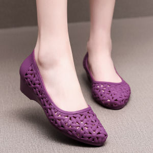Summer Fashionable Versatile Womens Slip-On Pure Color Comfortable Korean Style Hollow out Casual Grid Heel Anti-Slip Shoes
