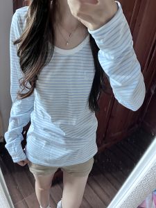 Loose Casual V-Neck Long Sleeve T-Shirt Womens Early Autumn Thin Blue White Stripes Top UV Protection Cover Loose Fit Tee