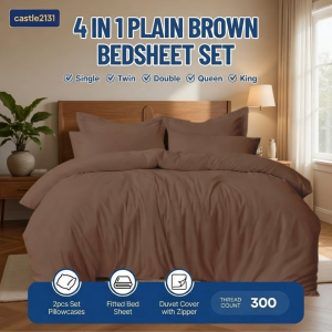4-in-1 Brown Bedding Set Fitted Sheet Zipper Duvet Cover 2 Pillowcases Soft Hotel Quality Bedsheet Set for Bedroom Comfortable Mattress Cover All Sizes