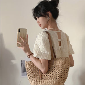 Retro Chic Short Sleeve Round Neck Bubble Sleeved Lace Shirt Upstairs Womens Clothing Loose Fit Snowflake Shirt