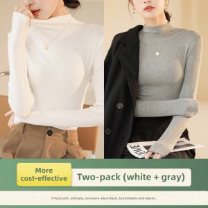 Womens Half High Collar Modal Long Sleeve Fleece Lined T-Shirt Base Layer Top Autumn Winter Fashion Inner Wear White