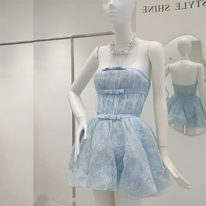 French Luxury Lace Bustier Dress Cinched Waist with Bow