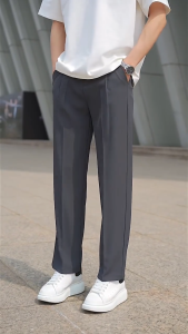 LJPNK 2025 Summer Men’s Casual Suit Pants – Breathable Ice Silk Wide-Leg Cropped Trousers