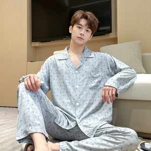 Mens Summer Autumn Thin Silk Long Sleeve Loose Cardigan Nightgown Home Clothes Set New Style Youth Suitable Long Pants