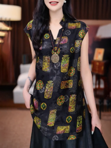 QINGNAER | Vintage Chinese Style Printed Short Sleeve Luxury Comfortable Large Size Womens Top