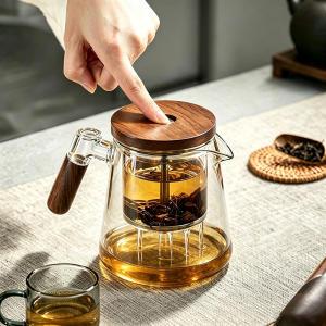 Tase Good 750ml High Borosilicate Glass Teapot One Touch Tea Water Separation Infuser Pot Walnut Wood Lid Solid Wood Handle Heat Resistant Glass Kettle for Green Black Fruit Flower Puer Tea Household Office Teaware