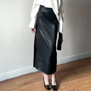 Black High Waist Straight PU Leather Skirt Womens Fashionable American Style Autumn New Design Sensation Skirts