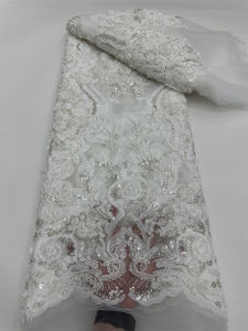 Luxury African French Tulle Lace Fabric with Sequins Embroidered Beads High Quality for Nigerian Wedding Dresses And Sewing