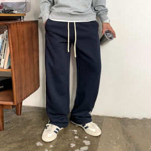 Casual American Spliced Stripe Mens Spring Autumn Loose Straight Leg Elastic Nine Points Long Pants Fashionable All-Match