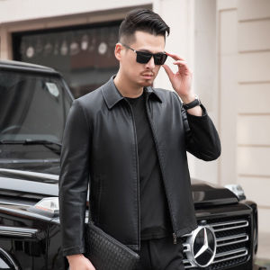 Haining Genuine Leather Jacket Mens Turn-down Collar Cowhide Short Casual Spring Autumn Middle-aged Dad Fleece Lined Coat