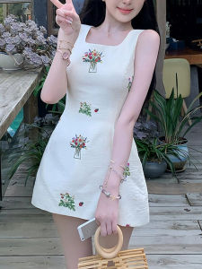 XZY Retro Slimming Embroidered Flower Sleeveless Vest Skirt Womens plus Size Summer High Waist Short A-Line Dress