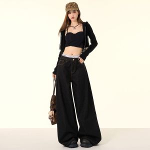 American Retro Loose Wide Leg Denim Jeans Womens New 2025 Spring Autumn Lazy Style Drapey Floor-Length Trendy Pants