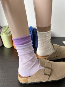 Tất Ống Cotton Mỏng Màu Tím Tua Rua Cho Nữ Mùa Xuân Hè Phong Cách Ngọt Ngào Màu Trơn Tất Dài Đến Giữa Bắp Chân