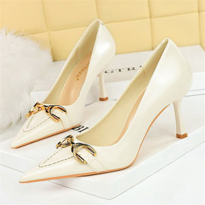 Women 8cm High Heels Stiletto Pumps Pointed Toe Wine Red Middle Heels Office Lady Metal Chain Leather Wedding Prom Replica Shoes