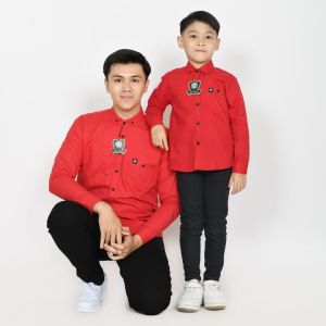 Merah cabe kemeja polos couple ayah dan anak lengan panjang bahan katun cigaret tebal