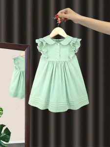 Girls Dress 2023 Summer New Little Kids Summer Clothing Cotton A- line Dress Stylish Green Baby Dress Korean Style