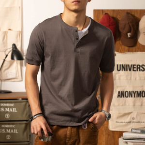 American Retro Henry Collar T-shirt Mens Amekaji Pure Cotton Short Sleeve Henley Shirt Mens Fitness Gray Half Sleeve Summer