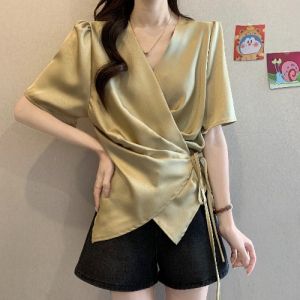 Áo Sơ Mi Cổ V Chéo Tay Ngắn Satin Mùa Hè Dành Cho Người Béo Size Lớn Cao Cấp