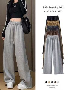 Gray High Waist Wide Leg Pants Womens Fleece Lined Straight Casual Sporty Sweatpants Autumn Winter plus Size Slimming