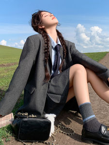 Gray Korean Style College Wind Suit Set Womens 2025 Autumn New Small Size Suit Half Skirt Two Piece Set Long Sleeve Button