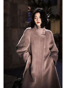 Winter Womens Stand Collar Belted Coat Camel Hair Long Sleeve Mid-Length OL Style Commute Coat by Xhange/Smiling Pavilion