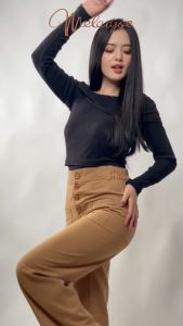 Meladjoe Uragi Pants: Celana Bawahan Wanita Bahan Rami Panjang Kancing Hitam