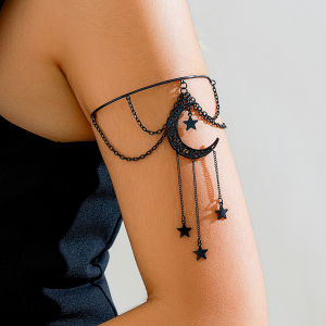 Ingemark Goth Black Moon Star Pendant Open Cuff Bangles for Women Vintage Tassel Pendant Arm Bracelet Jewelry Accessories Gift