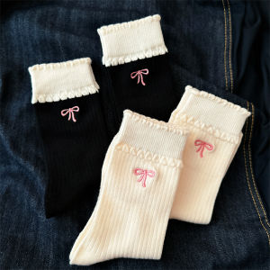 Autumn Winter Thickened Womens Socks Butterfly Knot Mid-Calf Lace Trim Cream White Home Comfortable Breathable Cotton Socks