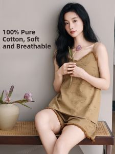 miiow | Pure Cotton Womens Summer Sleepwear Strap Home Clothes Set With Chest Pad One-Piece V-neck Mid-length Floral Print