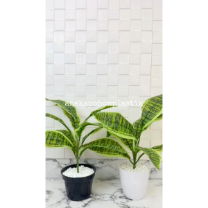 Pohon Imitasi Daun Artificial Lidah Mertua X9 Pot Dasar Hitam & Pot Melamine Putih Dekorasi Ruangan Aesthetic