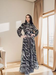 Fashionable Anti-Aging Bubble Sleeve Midi Shirt Dress Womens Single Button Print Belted Dress Casual Style Spring Autumn