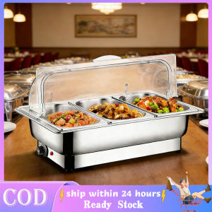 304 Stainless Steel Electric Chaffing Dish Food Warmer 3 Grids Food Warmer 9L With Visual Flip Cover Serving Dish Food Warmer Portable Heater Electric Thermostatic Box Adjustable Temperature