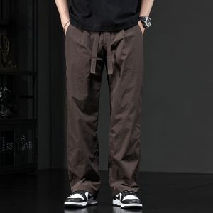 ROMON | Lormen Mens Casual Pants Summer Ice Silk Thin Loose Straight Leg Wide Leg Drawstring Workwear Elastic Quick Dry Long Pants