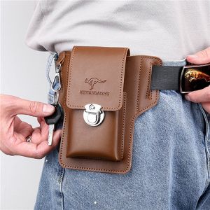 Leather mobile phone bag set mens fanny pack key vertical summer mens work site wearing a belt around the waist bag.