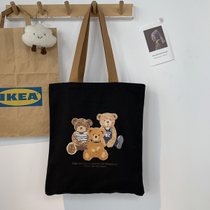 Cloth Bag Female Canvas College Student Class Book Holding Satchel Canvas Bag Female Shoulder Cute Bear Zip Canvas Bag