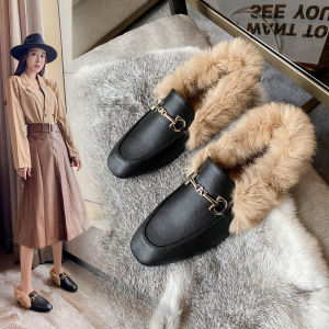 Retro Loafers 2024 Fashion Womens Shoes Autumn and Winter Women Velvet Warm Flat-bottomed Rabbit Fur Leather Shoes