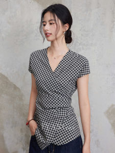 Elegant French Vintage V-neck Belted Waist Shirt Womens High-End Commute Top by Er Yang Design Polyester Cotton Linen Blend